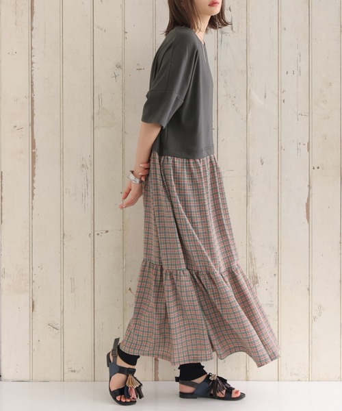 osharewalker（オシャレウォーカー）の「【廃盤】『裏毛×チェック柄ドッキングワンピース』（ワンピース・レディース・ラベンダー/グレイッシュブルー/チャコール・FREE）」の7枚目の写真