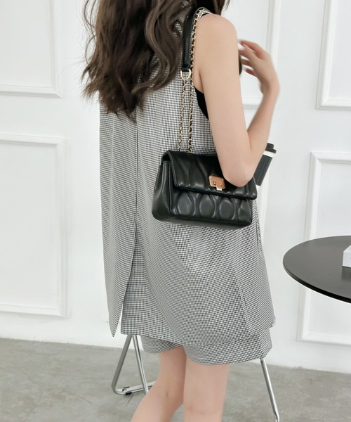 emmi 3点セット セール】チェック柄ノースリーブジャケット＋タックショート