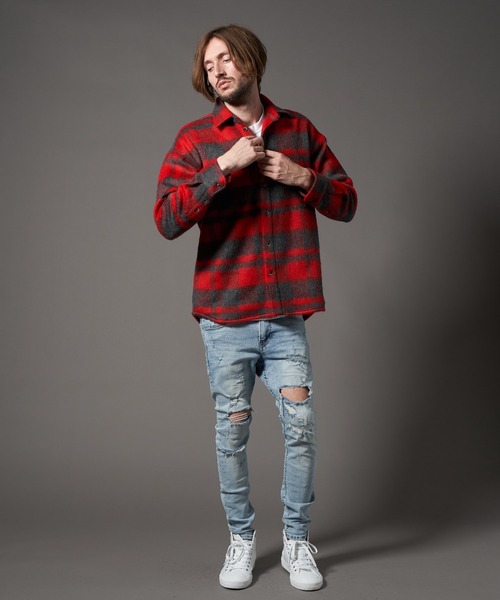 STUD MUFFIN（スタッドマフィン）の「STUD MUFFIN/スタッドマフィン/ウールモヘアシャギーチェック サガラパッチシャツジャケット（その他アウター・メンズ・レッド/ホワイト・3/2）」の15枚目の写真