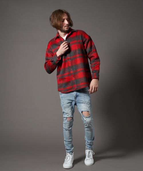 STUD MUFFIN（スタッドマフィン）の「STUD MUFFIN/スタッドマフィン/ウールモヘアシャギーチェック サガラパッチシャツジャケット（その他アウター・メンズ・レッド/ホワイト・3/2）」の16枚目の写真