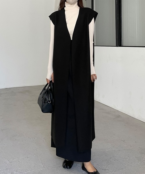 Louere（ルエレ）の「ノーカラーベルト付きロングべスト（ベスト・レディース・ブラック/アイボリー/ダークベージュ・FREE）」の9枚目の写真