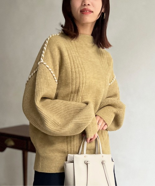 Chez toi(シェトワ)の「ステッチ×ライン編地切替プルオーバー(ニット/セーター・レディース・アイボリー/チャコールグレー/グリーン/ブルー/オフホワイト・FREE)」の4枚目の写真