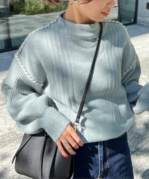 Chez toi(シェトワ)の「ステッチ×ライン編地切替プルオーバー(ニット/セーター・レディース・アイボリー/チャコールグレー/グリーン/ブルー/オフホワイト・FREE)」の12枚目の写真
