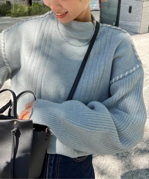 Chez toi(シェトワ)の「ステッチ×ライン編地切替プルオーバー(ニット/セーター・レディース・アイボリー/チャコールグレー/グリーン/ブルー/オフホワイト・FREE)」の14枚目の写真