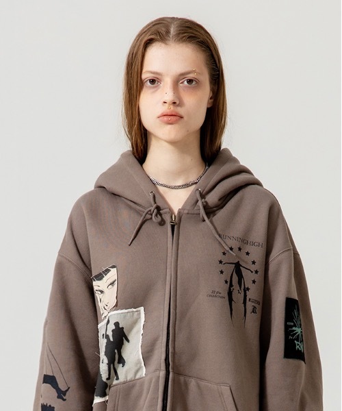 【RUNNING HIGH 】フリンジパッチ ジップアップフーディ / FRINGE PATCH ZIP UP HOODIE