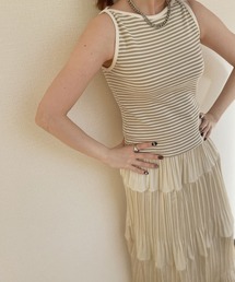 【ZOZO限定】ボートネックテレコリブボーダーノースリーブ / タンクトップ ノースリーブ ノースリ ブラック ベージュ ピンクベージュ