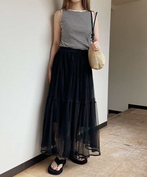 Reurie'（レウリィ）の「【ZOZO限定】ボートネックテレコリブボーダーノースリーブ / タンクトップ ノースリーブ ノースリ ブラック ベージュ ピンクベージュ（タンクトップ・レディース・ベージュ/ブラック/ピンクベージュ・FREE）」の4枚目の写真