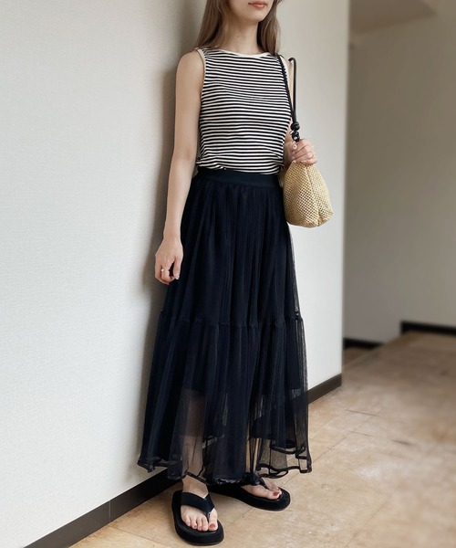 Reurie'（レウリィ）の「【ZOZO限定】ボートネックテレコリブボーダーノースリーブ / タンクトップ ノースリーブ ノースリ ブラック ベージュ ピンクベージュ（タンクトップ・レディース・ベージュ/ブラック/ピンクベージュ・FREE）」の5枚目の写真