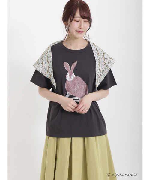 Samansa Mos2（サマンサ モスモス）の「【miyuki matsuo × SamansaMos2】半袖Tシャツ（Tシャツ/カットソー・レディース・ベージュ/チャコール/グリーン/オフホワイト・ﾌﾘ-）」の3枚目の写真