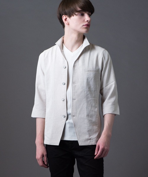 Buffalo Bobs（バッファローボブズ）の「COZZA-SHIRT(コッザ シャツ)イタリアンカラー 5分袖 シャツジャケット（テーラードジャケット・メンズ・アイボリー/ブラック/ブルー・1-2/2-3/3-4）」の2枚目の写真