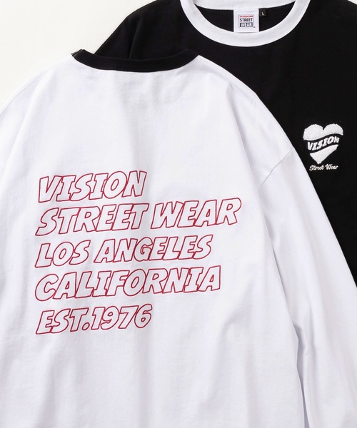 VISION STREET WEAR(ヴィジョンストリートウェア)の「【VISION STREET WEAR/ヴィジョンストリートウェア】ワンポイント サガラ刺繍ワッペン&バックブランドロゴ リンガーデザイン ロングスリーブTシャツ/ロンT(Tシャツ/カットソー・メンズ・ブラック×ホワイト/ホワイト×レッド/ホワイト×ブラック・L/XL/M)」の1枚目の写真