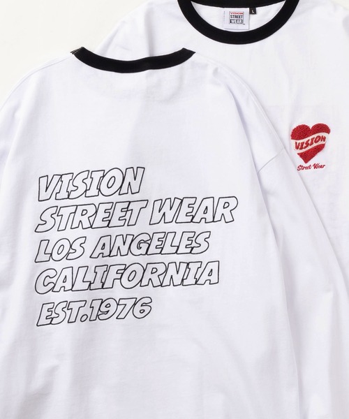 VISION STREET WEAR(ヴィジョンストリートウェア)の「【VISION STREET WEAR/ヴィジョンストリートウェア】ワンポイント サガラ刺繍ワッペン&バックブランドロゴ リンガーデザイン ロングスリーブTシャツ/ロンT(Tシャツ/カットソー・メンズ・ブラック×ホワイト/ホワイト×レッド/ホワイト×ブラック・L/XL/M)」の2枚目の写真