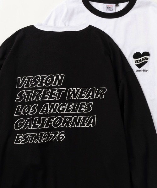 VISION STREET WEAR(ヴィジョンストリートウェア)の「【VISION STREET WEAR/ヴィジョンストリートウェア】ワンポイント サガラ刺繍ワッペン&バックブランドロゴ リンガーデザイン ロングスリーブTシャツ/ロンT(Tシャツ/カットソー・メンズ・ブラック×ホワイト/ホワイト×レッド/ホワイト×ブラック・L/XL/M)」の3枚目の写真