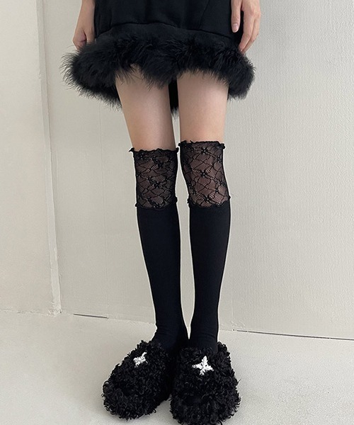 c.u.l（シーユーエル）の「レースデザイン ハイソックス cula755（ソックス/靴下・レディース・ブラック/ホワイト・FREE）」の5枚目の写真