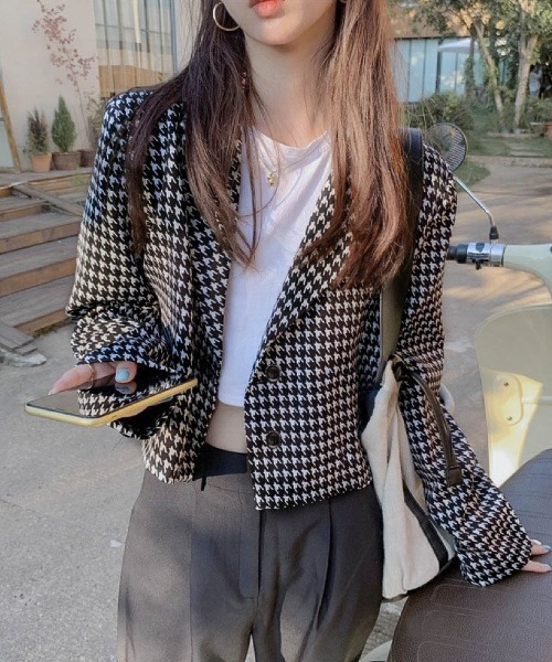 J6244未使用エリコフォルミコラデペトリロ製千鳥格子フランネルジャケット紺46 セール】千鳥格子柄 ショートジャケット（テーラードジャケット