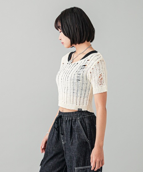 X-girl（エックスガール）の「DISTRESSED TAPE YARN KNIT TOP（ニット/セーター・レディース・マルチ/ブラック/ホワイト・ONE SIZE）」の5枚目の写真