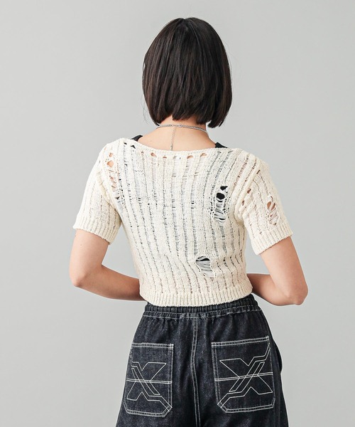 X-girl◆DISTRESSED TAPE YARN KNIT TOP/S/アクリル/WHT/105242015001 X-girl（エックスガール）の「DISTRESSED TAPE YARN KNIT TOP