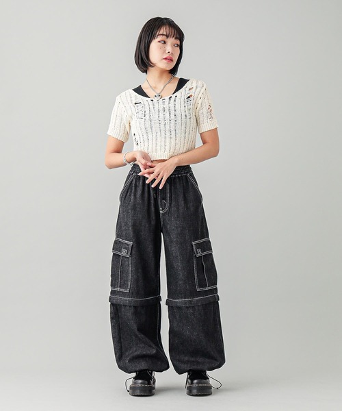 X-girl（エックスガール）の「DISTRESSED TAPE YARN KNIT TOP（ニット/セーター・レディース・マルチ/ブラック/ホワイト・ONE SIZE）」の8枚目の写真