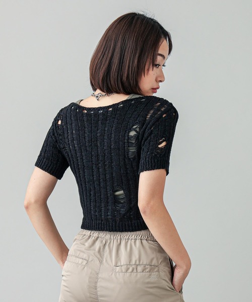 X-girl（エックスガール）の「DISTRESSED TAPE YARN KNIT TOP