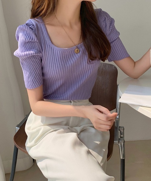 COCOMOMO(ココモモ)の「パワショルニット スクエアネック 五分袖 クロップドトップス(ニット/セーター・レディース・ブラック/ホワイト/パープル/イエロー/オレンジ・FREE)」の19枚目の写真