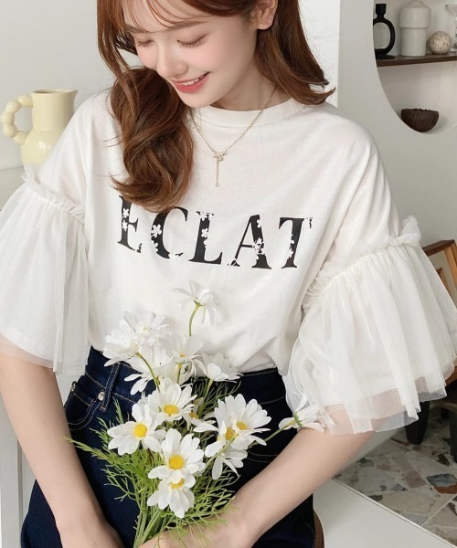 セール】フラワーロゴプリントチュールドッキングフレアスリーブ半袖T