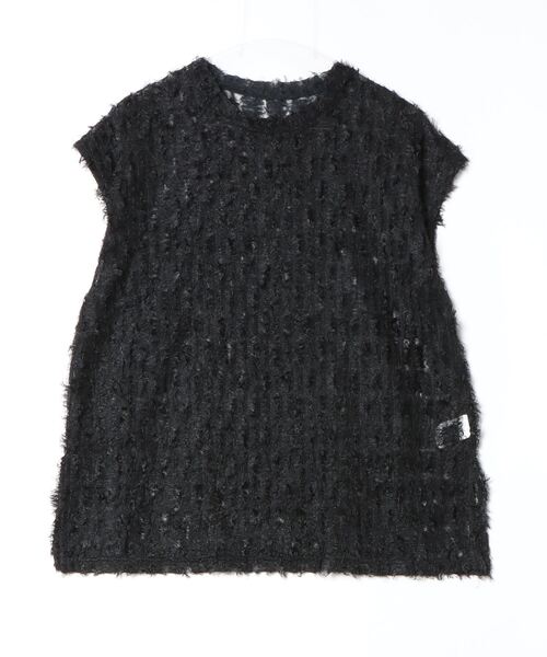 Per sist ence(パーシエンス)の「シアーフリンジ ノースリーブトップス(Tシャツ/カットソー・レディース・ブラック/オフホワイト・FREE)」の2枚目の写真