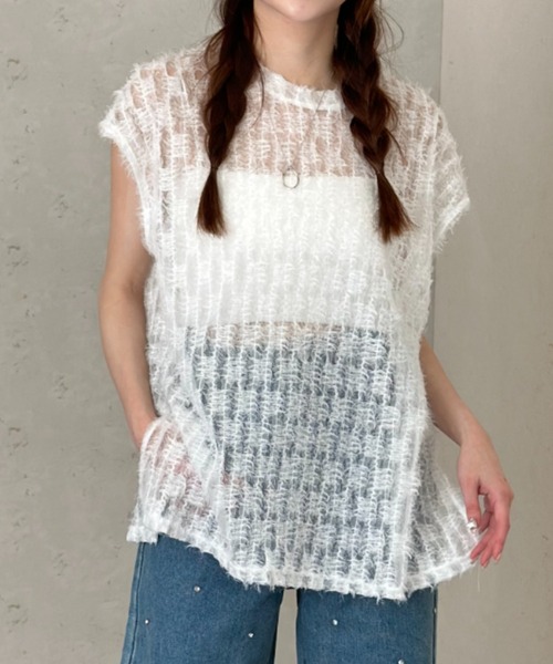 Per sist ence(パーシエンス)の「シアーフリンジ ノースリーブトップス(Tシャツ/カットソー・レディース・ブラック/オフホワイト・FREE)」の1枚目の写真