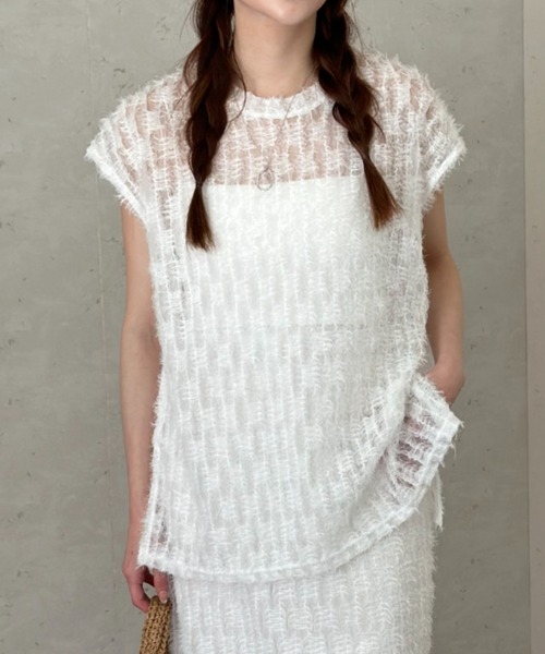 Per sist ence(パーシエンス)の「シアーフリンジ ノースリーブトップス(Tシャツ/カットソー・レディース・ブラック/オフホワイト・FREE)」の6枚目の写真