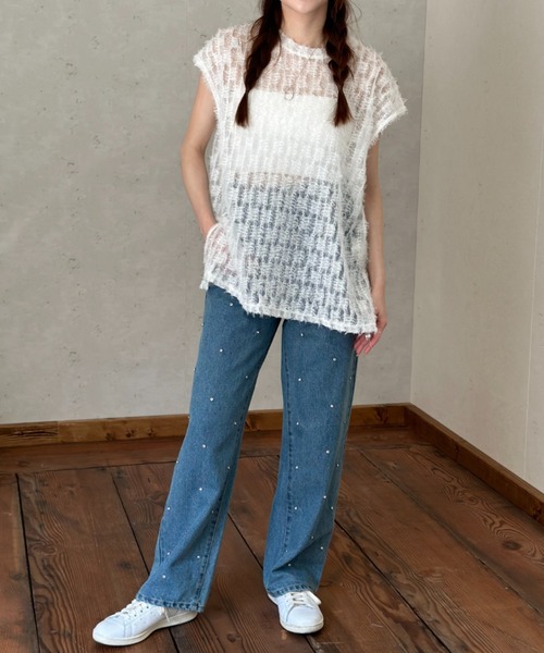 Per sist ence(パーシエンス)の「シアーフリンジ ノースリーブトップス(Tシャツ/カットソー・レディース・ブラック/オフホワイト・FREE)」の14枚目の写真