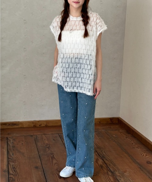 Per sist ence(パーシエンス)の「シアーフリンジ ノースリーブトップス(Tシャツ/カットソー・レディース・ブラック/オフホワイト・FREE)」の15枚目の写真