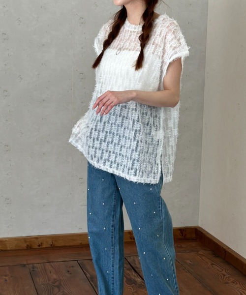 Per sist ence(パーシエンス)の「シアーフリンジ ノースリーブトップス(Tシャツ/カットソー・レディース・ブラック/オフホワイト・FREE)」の17枚目の写真