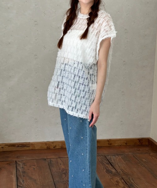 Per sist ence(パーシエンス)の「シアーフリンジ ノースリーブトップス(Tシャツ/カットソー・レディース・ブラック/オフホワイト・FREE)」の16枚目の写真