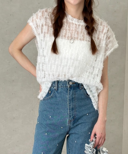 Per sist ence(パーシエンス)の「シアーフリンジ ノースリーブトップス(Tシャツ/カットソー・レディース・ブラック/オフホワイト・FREE)」の20枚目の写真