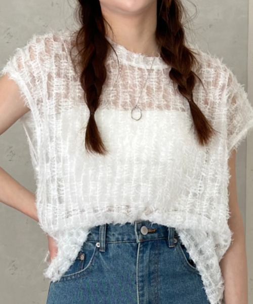 Per sist ence(パーシエンス)の「シアーフリンジ ノースリーブトップス(Tシャツ/カットソー・レディース・ブラック/オフホワイト・FREE)」の21枚目の写真