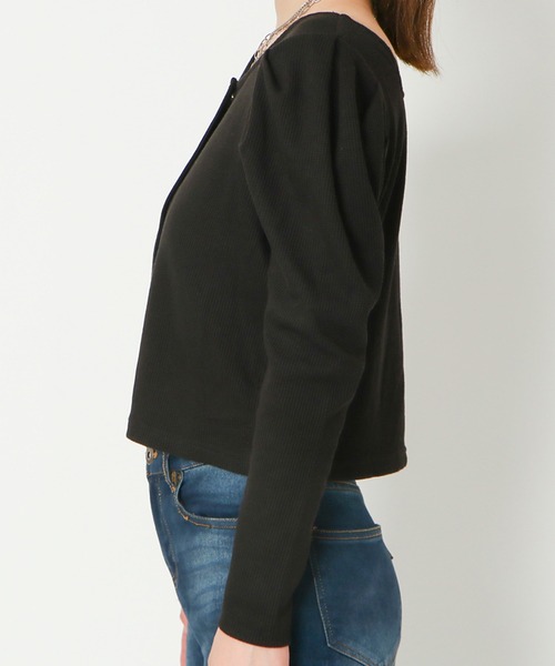 GORGE(ゴージ)の「《2way×パワショル》レディース リブトップス カーディガン風 羽織り 春秋冬(Tシャツ/カットソー・レディース・ブラック/オフホワイト/ブラウン/ブラック×ホワイト・F)」の9枚目の写真