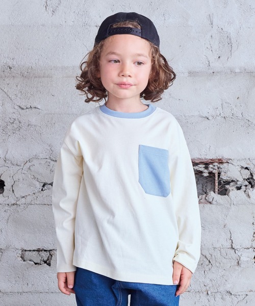 Life Support Products（ライフサポートプロダクツ）の「配色ポケットロンTee（Tシャツ/カットソー・キッズ・チャコール/マスタード/グリーン系その他/ブラウン/ホワイト系その他/オフホワイト/ブルー/ブラック系その他・80/90/95/100/110/120/130/140/150）」の2枚目の写真