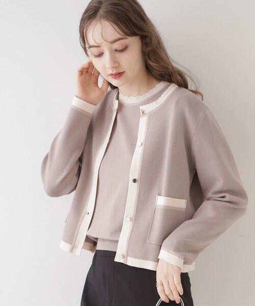 couture brooch（クチュールブローチ）の「◆【二の腕カバー・上品×シンプルなニット】配色スカラ5分袖ニット（ニット/セーター・レディース・アイボリー/ブラック/ブラウン系その他・36/38/42）」の4枚目の写真