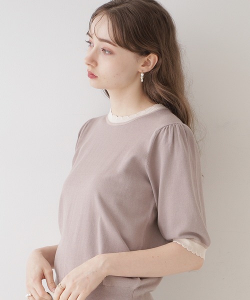 couture brooch（クチュールブローチ）の「◆【二の腕カバー・上品×シンプルなニット】配色スカラ5分袖ニット（ニット/セーター・レディース・アイボリー/ブラック/ブラウン系その他・36/38/42）」の3枚目の写真