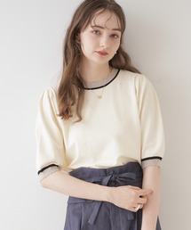 ◆【二の腕カバー・上品×シンプルなニット】配色スカラ5分袖ニット