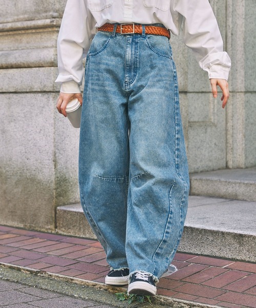 セール】裾フリンジ ヴィンテージライク カーブデニムパンツ（デニム