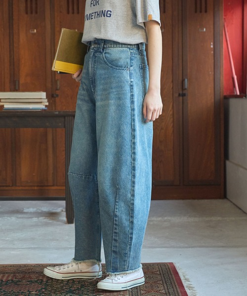 海外輸入品MaxDstrフリンジカーブデニムパンツジーンズウォッシュドロング カーブデニムパンツ ワイドパンツ レディース フリンジ 送料無料