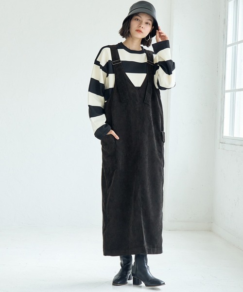 ROPE' PICNIC(ロペピクニック)の「前後2WAY/コーデュロイ深Vネックジャンパースカート(ジャンパースカート・レディース・ブラック/チャコールグレー・38)」の1枚目の写真