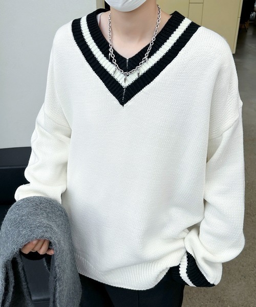 FVLMEN（フルメン）の「【FVLMEN】tilden line V-neck knit pullover/チルデン ライン Vネック ニット プルオーバー（ニット/セーター・メンズ・ブラック/ホワイト・MEDIUM/LARGE/X-LARGE）」の12枚目の写真