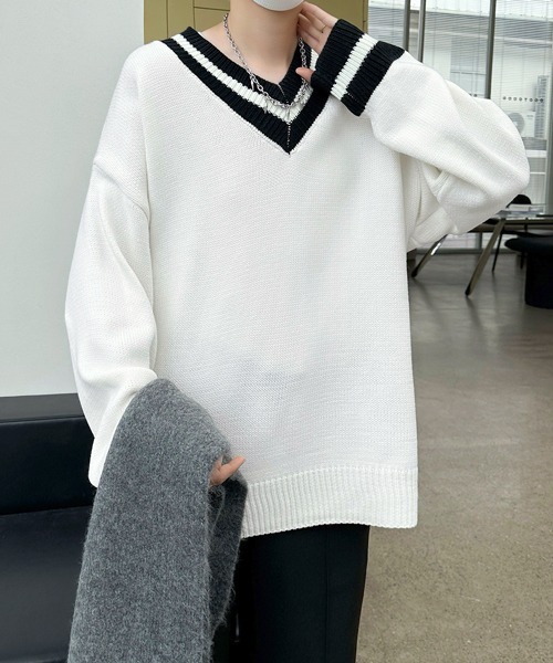 FVLMEN（フルメン）の「【FVLMEN】tilden line V-neck knit pullover/チルデン ライン Vネック ニット プルオーバー（ニット/セーター・メンズ・ブラック/ホワイト・MEDIUM/LARGE/X-LARGE）」の9枚目の写真