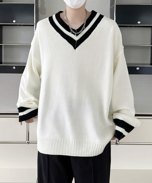 FVLMEN（フルメン）の「【FVLMEN】tilden line V-neck knit pullover/チルデン ライン Vネック ニット プルオーバー（ニット/セーター・メンズ・ブラック/ホワイト・MEDIUM/LARGE/X-LARGE）」の7枚目の写真
