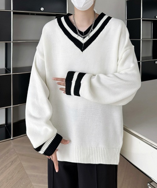 FVLMEN（フルメン）の「【FVLMEN】tilden line V-neck knit pullover/チルデン ライン Vネック ニット プルオーバー（ニット/セーター・メンズ・ブラック/ホワイト・MEDIUM/LARGE/X-LARGE）」の6枚目の写真