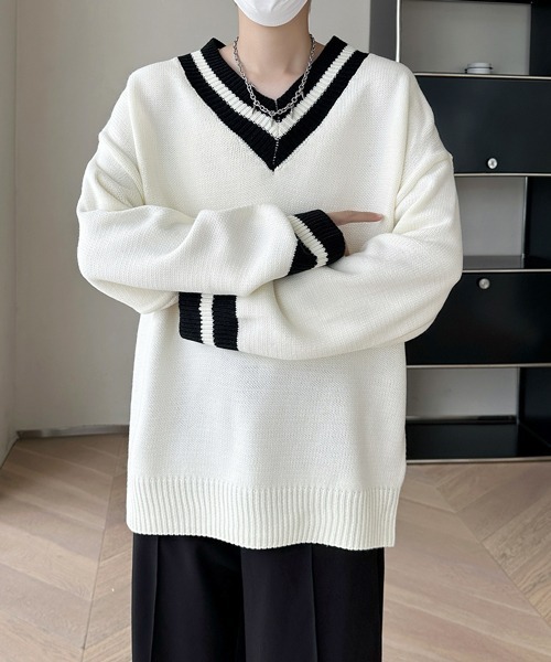 FVLMEN（フルメン）の「【FVLMEN】tilden line V-neck knit pullover/チルデン ライン Vネック ニット プルオーバー（ニット/セーター・メンズ・ブラック/ホワイト・MEDIUM/LARGE/X-LARGE）」の4枚目の写真