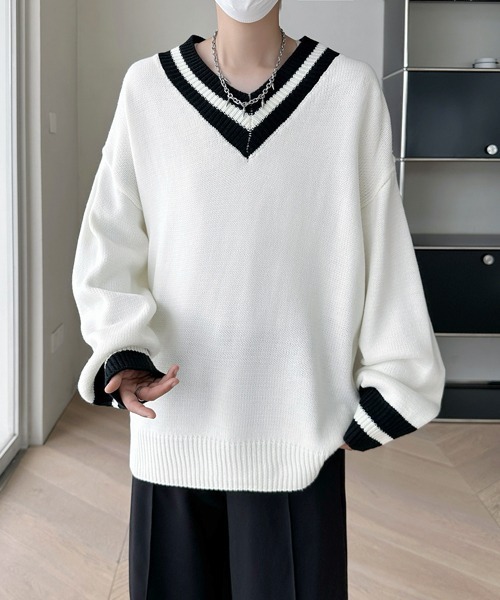 FVLMEN（フルメン）の「【FVLMEN】tilden line V-neck knit pullover/チルデン ライン Vネック ニット プルオーバー（ニット/セーター・メンズ・ブラック/ホワイト・MEDIUM/LARGE/X-LARGE）」の3枚目の写真