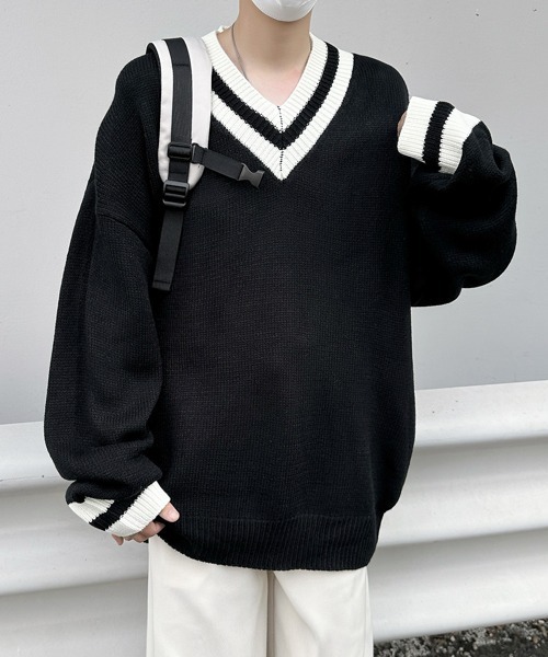 FVLMEN（フルメン）の「【FVLMEN】tilden line V-neck knit pullover/チルデン ライン Vネック ニット プルオーバー（ニット/セーター・メンズ・ブラック/ホワイト・MEDIUM/LARGE/X-LARGE）」の13枚目の写真