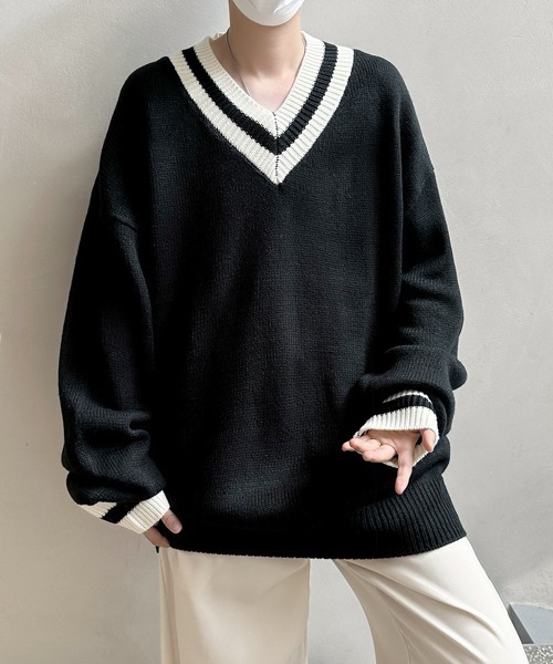 FVLMEN（フルメン）の「【FVLMEN】tilden line V-neck knit pullover/チルデン ライン Vネック ニット プルオーバー（ニット/セーター・メンズ・ブラック/ホワイト・MEDIUM/LARGE/X-LARGE）」の17枚目の写真